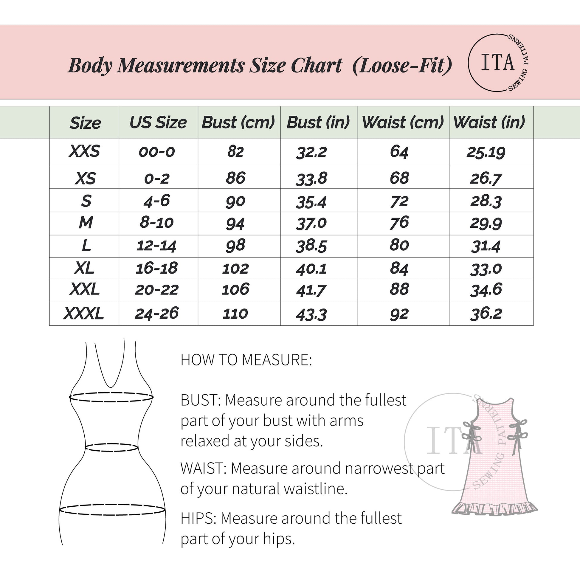 Body measurements size chart for loose-fit clothing with ITA logo