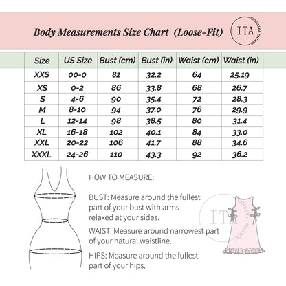 Body measurements size chart for loose-fit clothing with ITA logo
