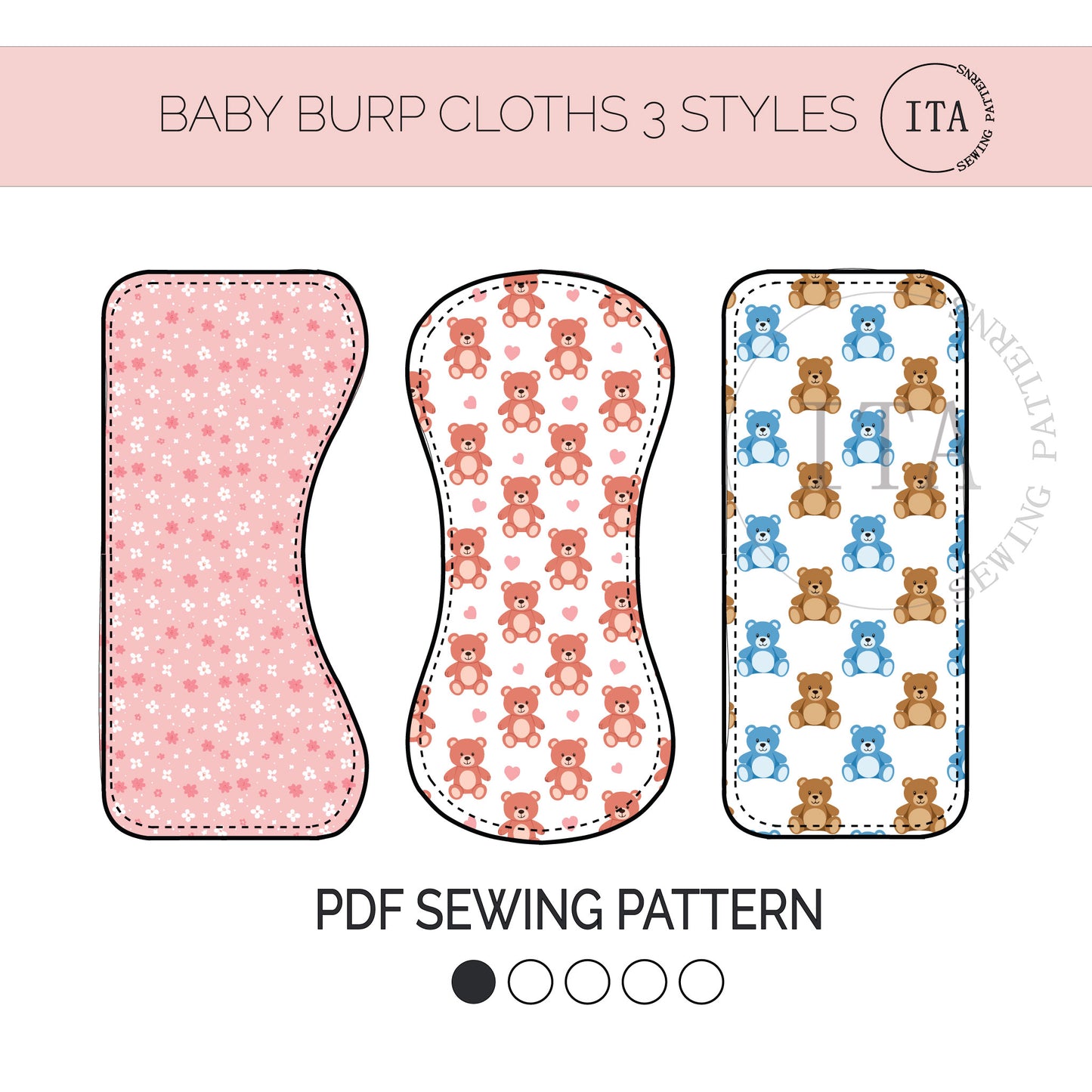 Baby burp cloths easy sewing tutorial beginner sewing pattern infart with teddy bear patterns and PDF sewing pattern on a pink background