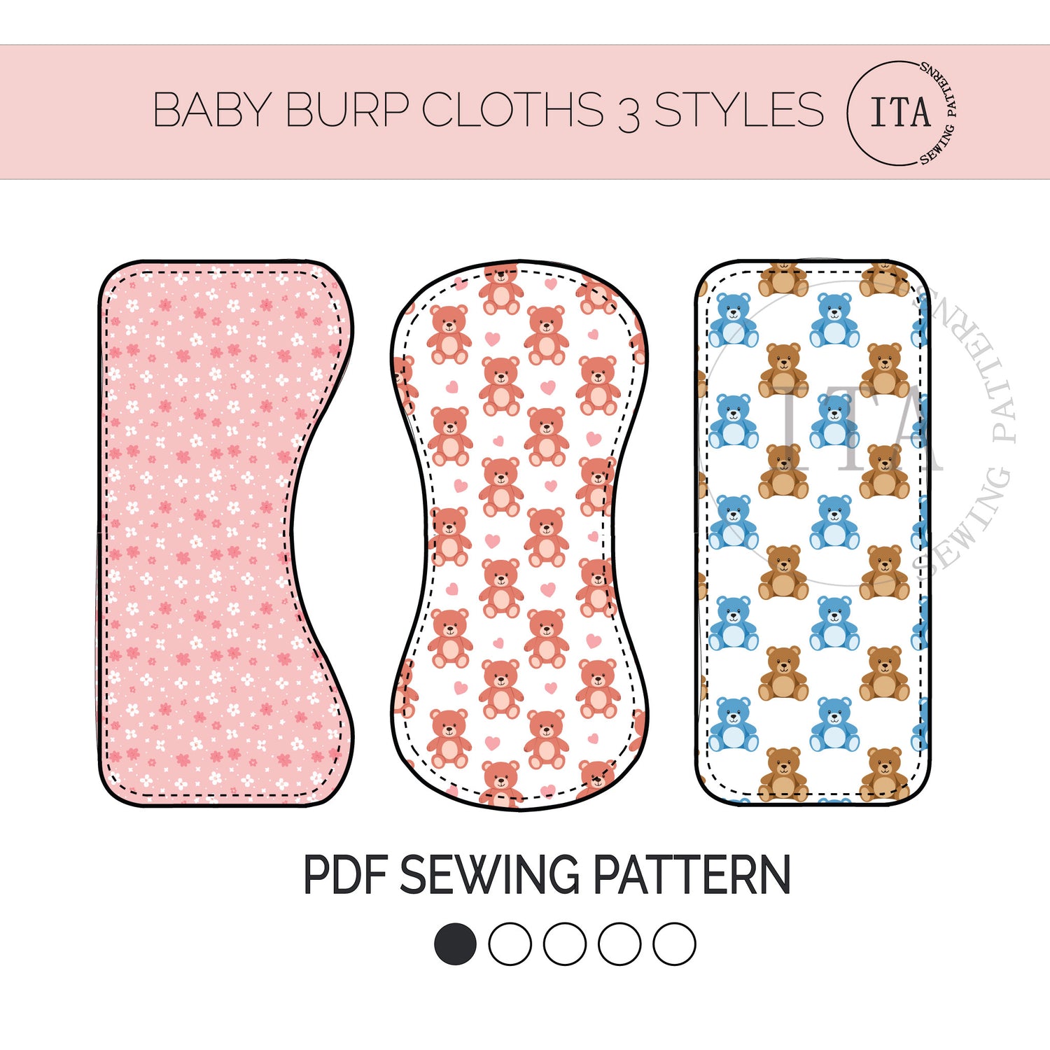 Baby burp cloths easy sewing tutorial beginner sewing pattern infart with teddy bear patterns and PDF sewing pattern on a pink background