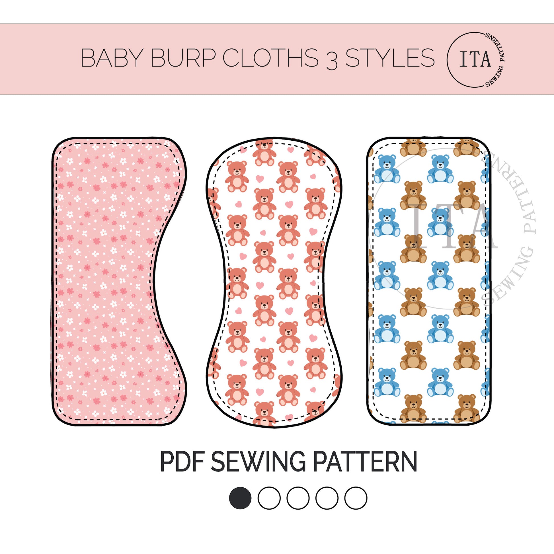Baby burp cloths easy sewing tutorial beginner sewing pattern infart with teddy bear patterns and PDF sewing pattern on a pink background