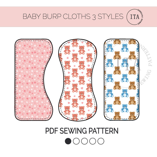 Baby burp cloths easy sewing tutorial beginner sewing pattern infart with teddy bear patterns and PDF sewing pattern on a pink background