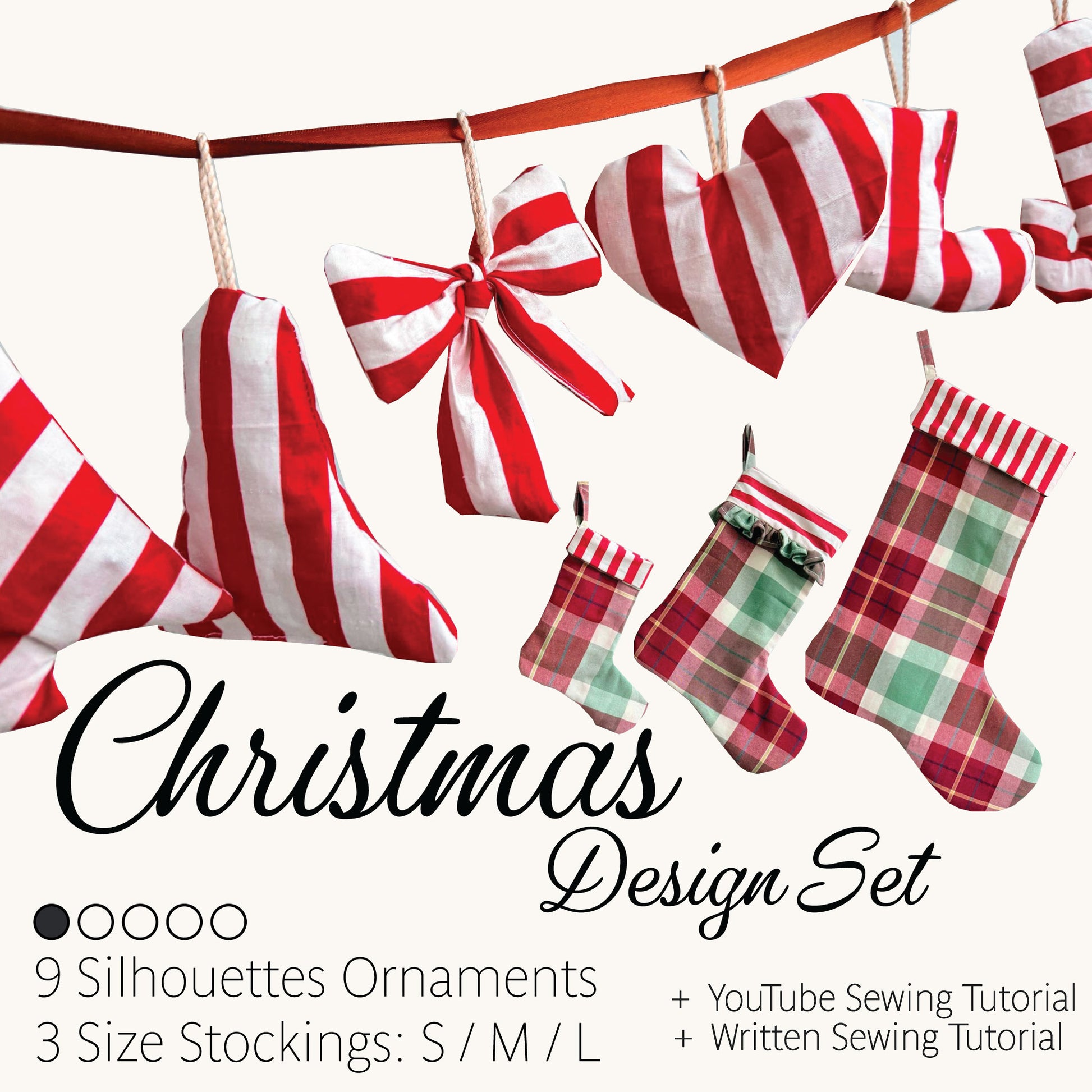 Promotional graphic for a Christmas design set showing red-and-white striped and plaid Christmas stocking silhouettes hanging from a branch, with text reading 'Christmas Design Set' and listing included silhouettes, three stocking sizes, a sewing tutorial, and a written sewing tutorial.