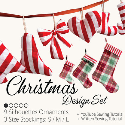 Promotional graphic for a Christmas design set showing red-and-white striped and plaid Christmas stocking silhouettes hanging from a branch, with text reading 'Christmas Design Set' and listing included silhouettes, three stocking sizes, a sewing tutorial, and a written sewing tutorial.