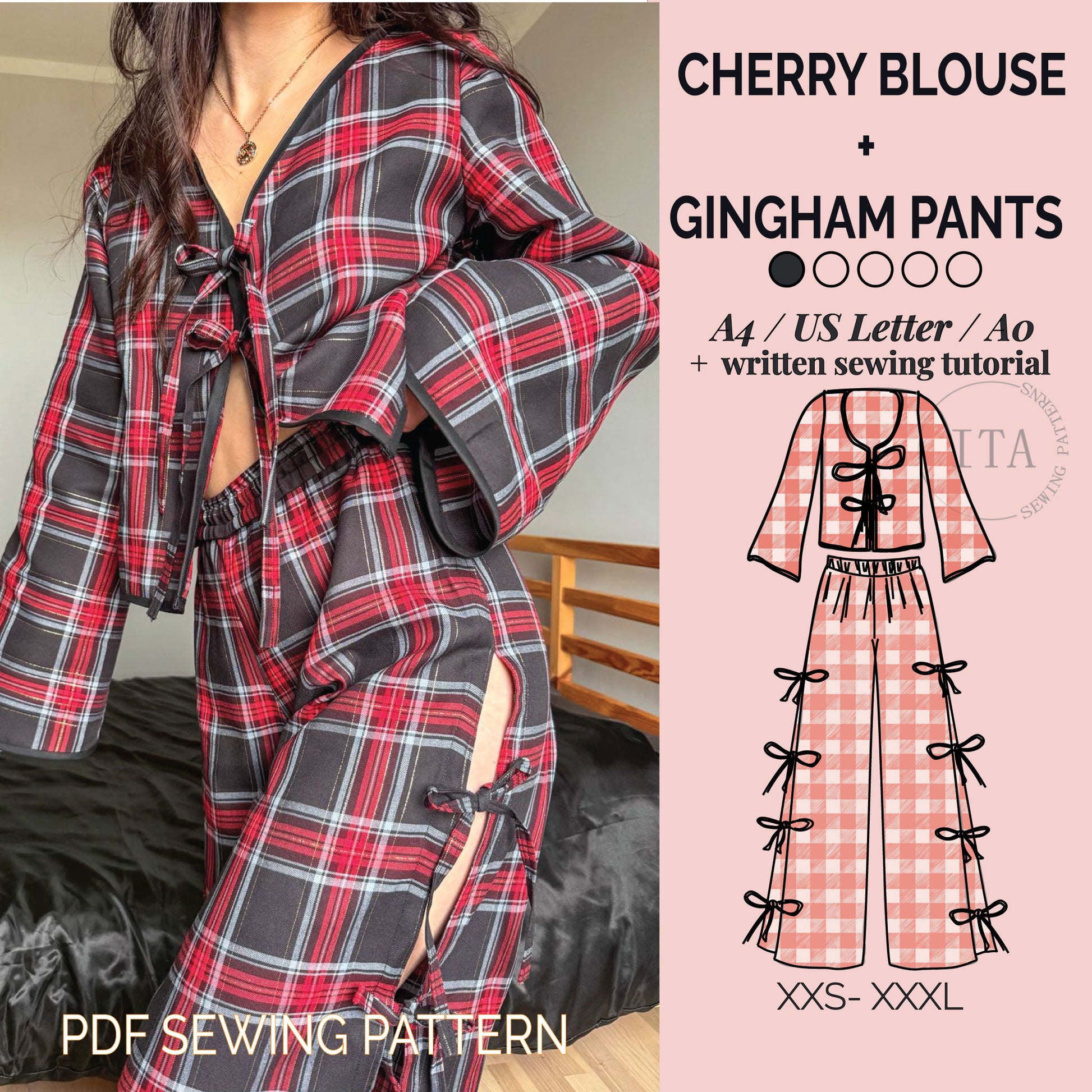 Cherry blouse and gingham pants sewing pattern with a person wearing the outfit.