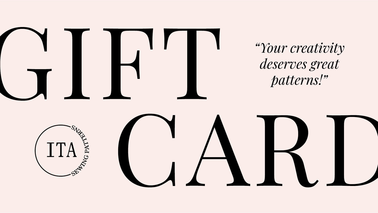 Gift card design with text 'Your creativity deserves great patterns!' and ITA branding on a pink background.