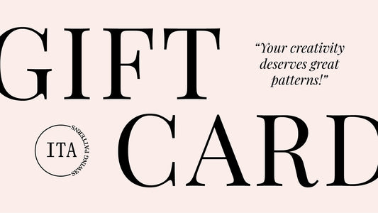 Gift card design with text 'Your creativity deserves great patterns!' and ITA branding on a pink background.