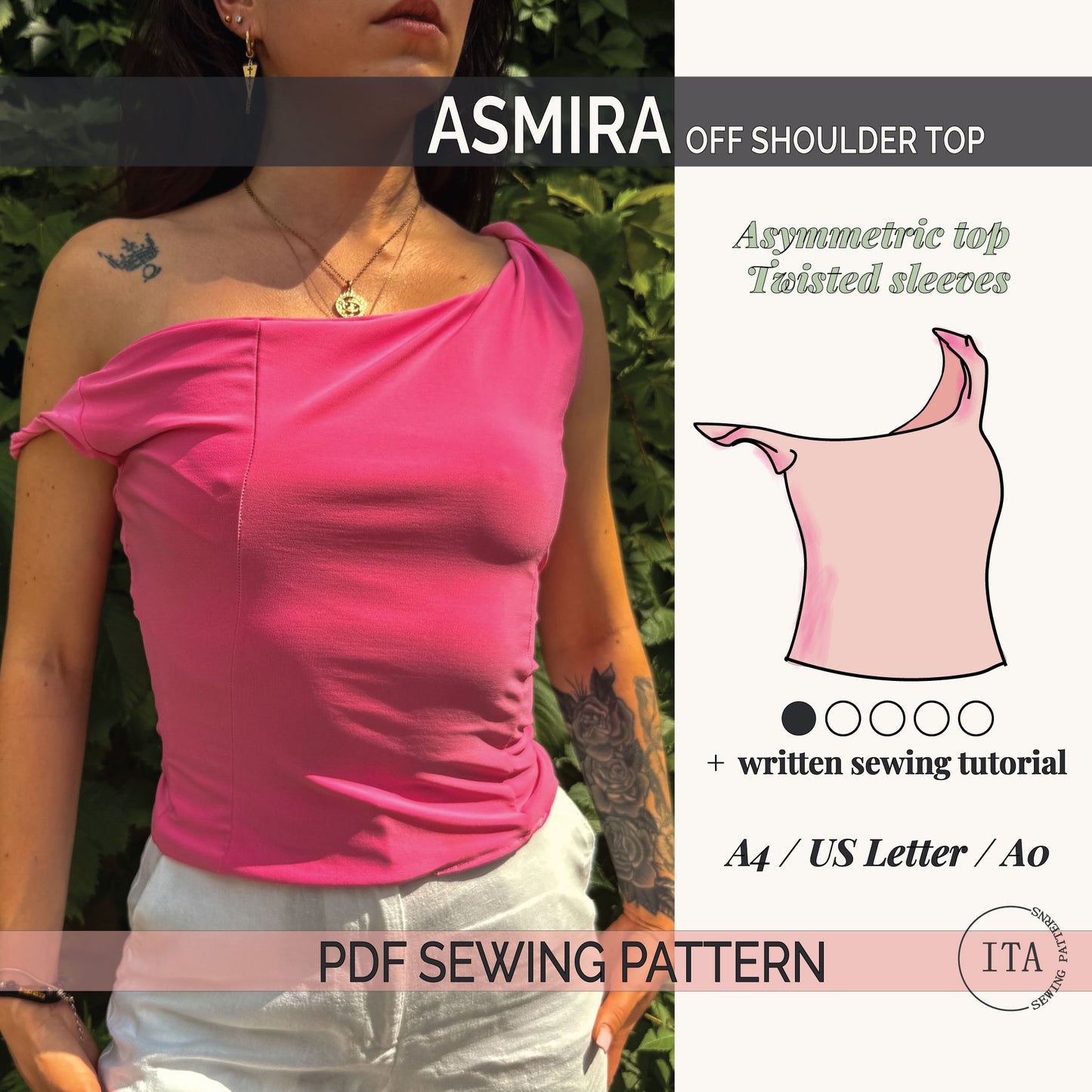 asmira asymmetric off shoulder top sewing pattern with twisted sleeve and fitted silhouette