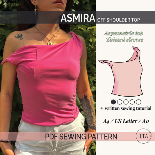 asmira asymmetric off shoulder top sewing pattern with twisted sleeve and fitted silhouette