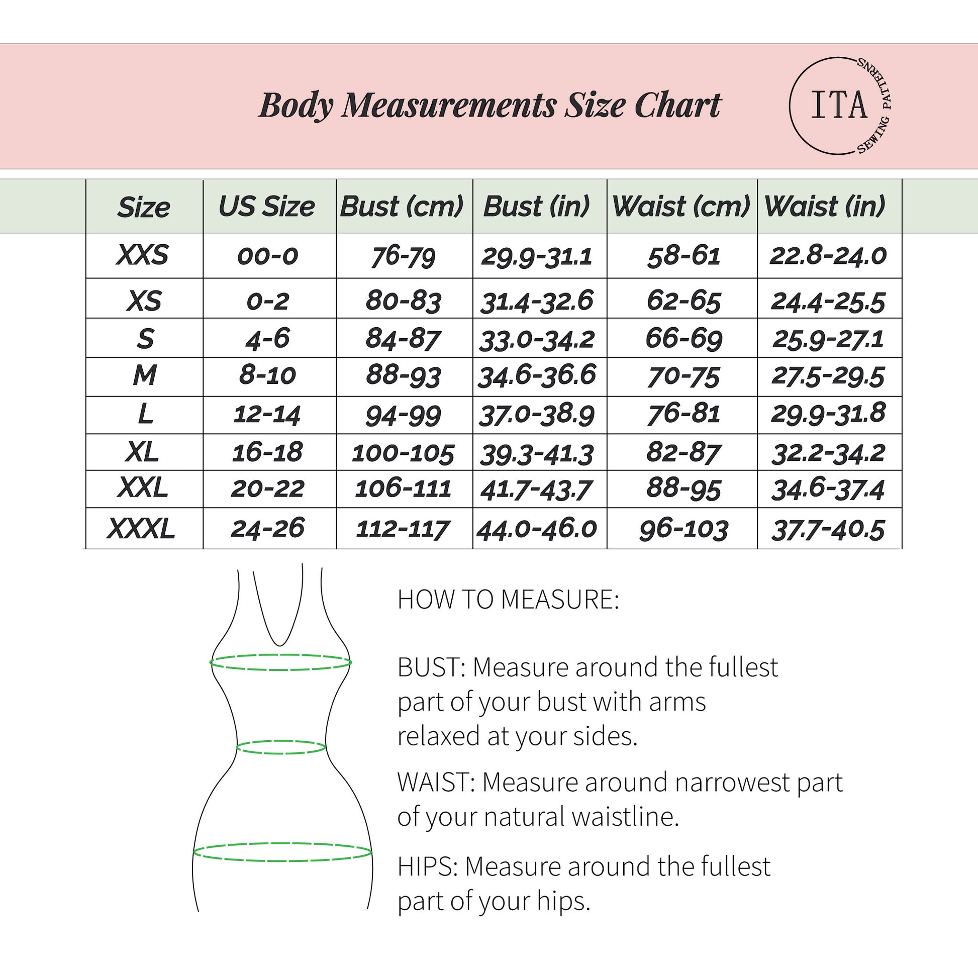 body measurements size chart for asmira asymmetric top sewing pattern with bust and waist measurements.