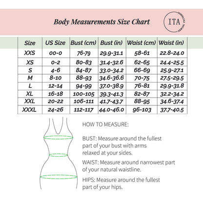 body measurements size chart for asmira asymmetric top sewing pattern with bust and waist measurements.