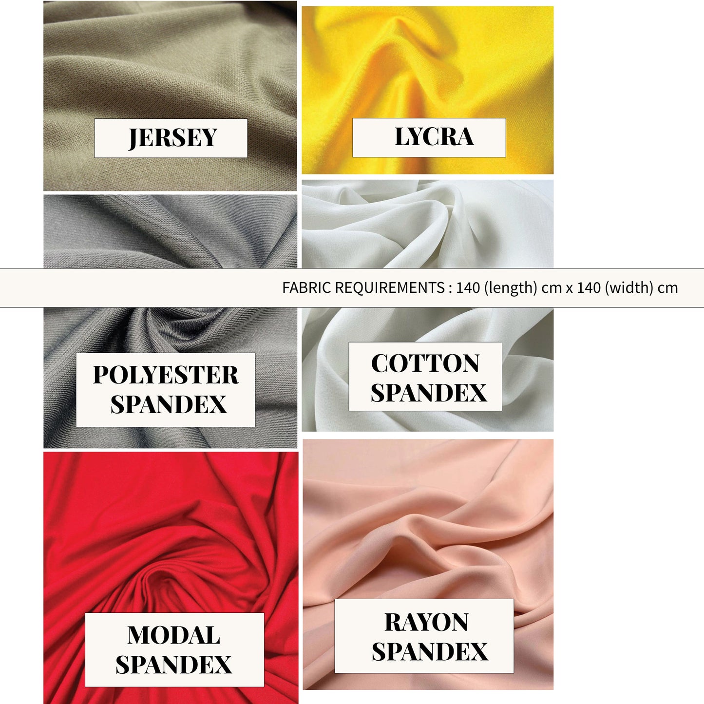 fabric requirements for asmira asymmetric top sewing pattern showing jersey lycra and spandex fabric options.