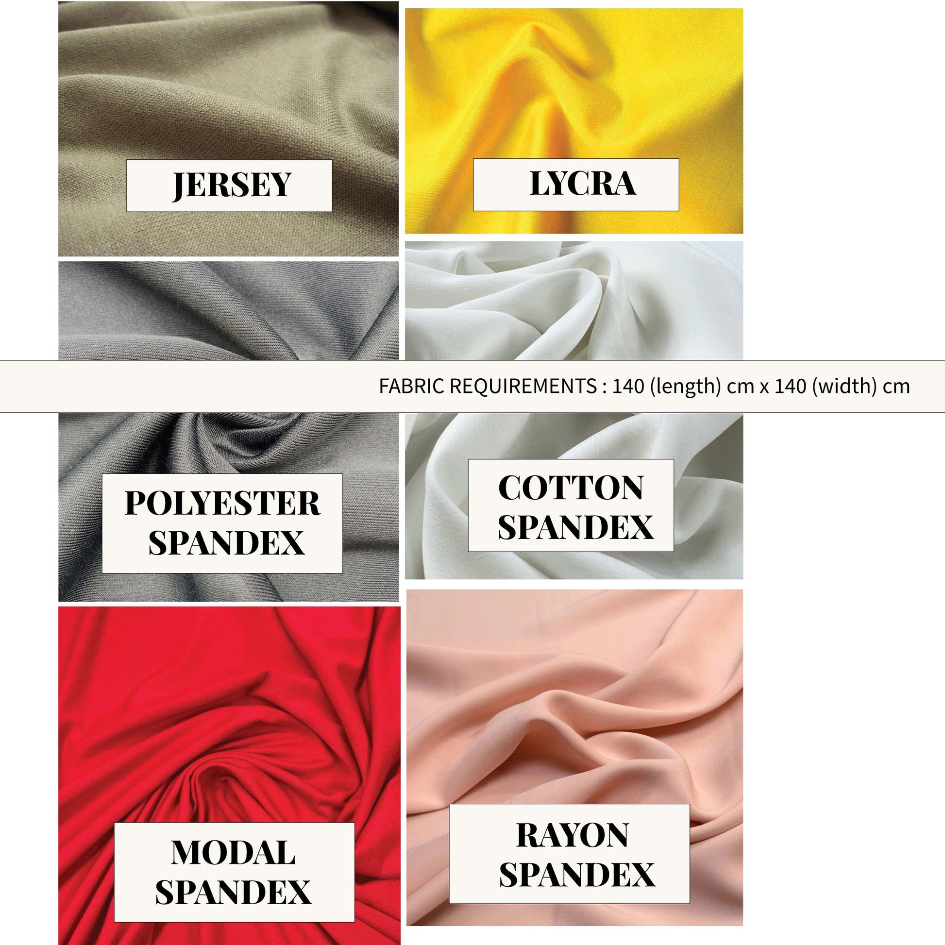 fabric requirements for asmira asymmetric top sewing pattern showing jersey lycra and spandex fabric options.
