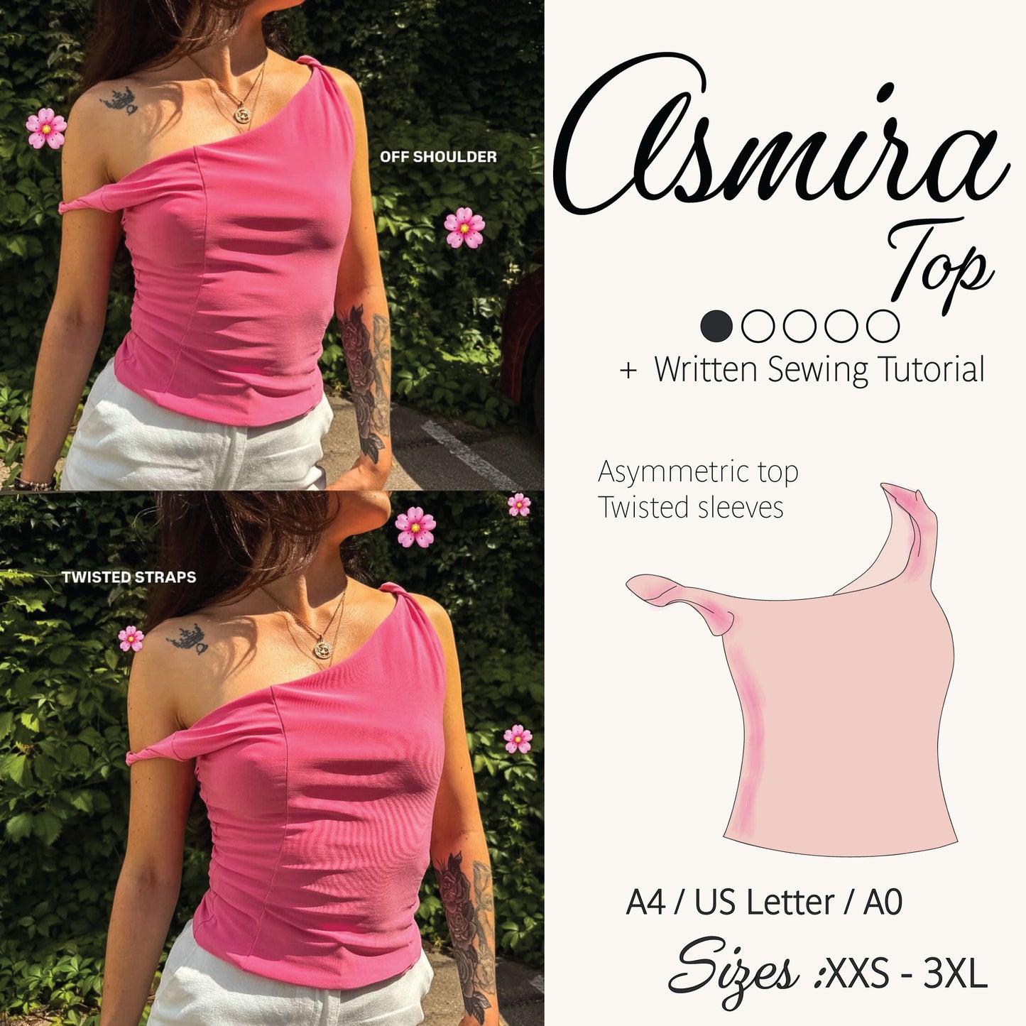 Promotional graphic for an asymmetric one-shoulder top called 'Asmira Top', showing two photos of a woman wearing the pink top from different angles, alongside a sewing tutorial icon, a pink top outline, and size information.