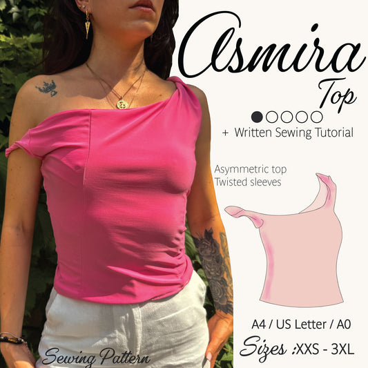 Promotional graphic for a sewing pattern of an asymmetrical top named 'Asmira Top'. It features a model wearing a bright pink version of the top, alongside a light pink line drawing of the garment and text detailing the sizes and pattern types.