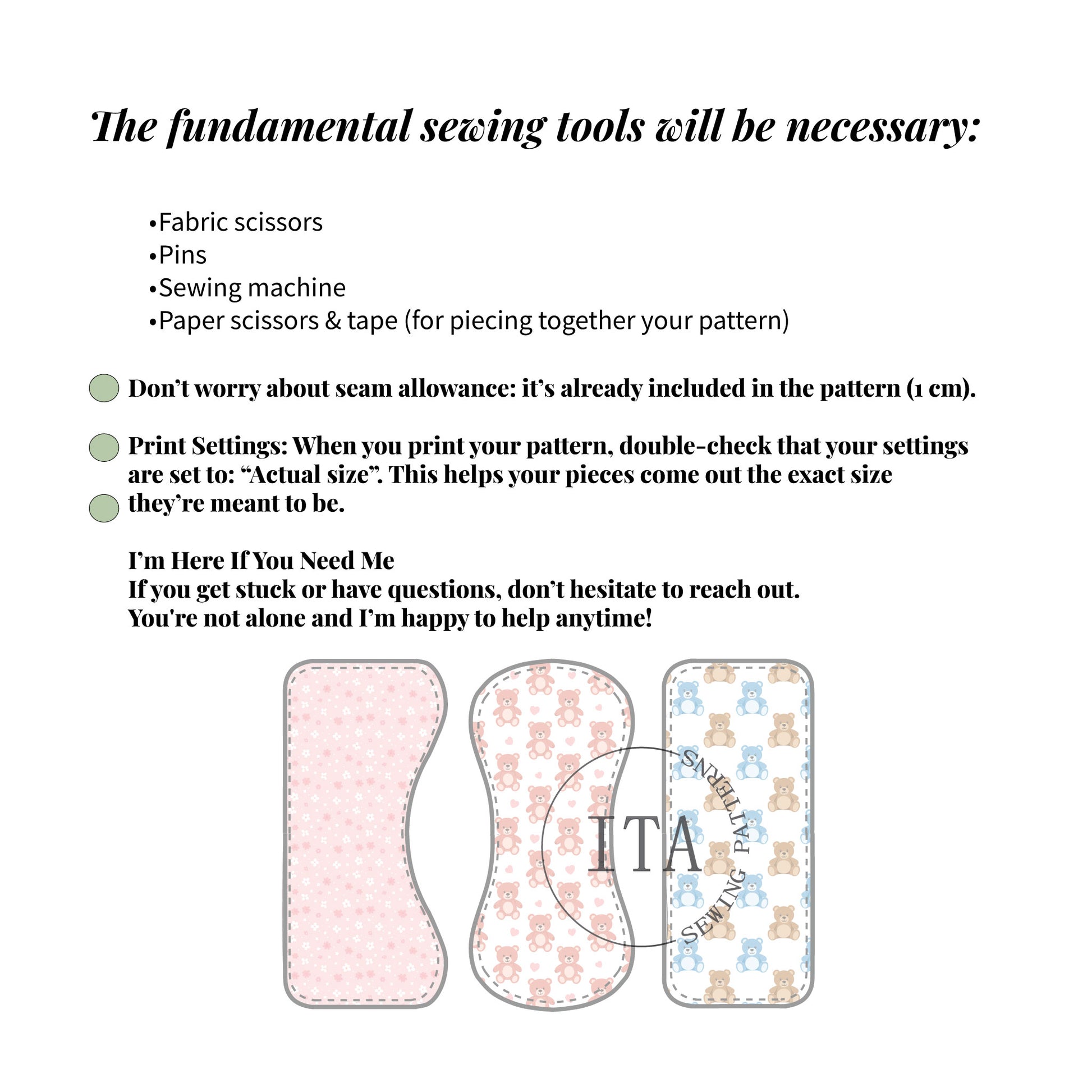 Text detailing fundamental sewing tools and tips with fabric patterns on a white background baby burp cloth gift idea for baby shower.
