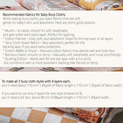 An informational graphic with text detailing recommended fabrics for baby burp cloths, including Muslin, Cotton Flannel, Terry Cloth, Cotton Waffle, and Quilting Cotton, along with measurements for fabric length and width.