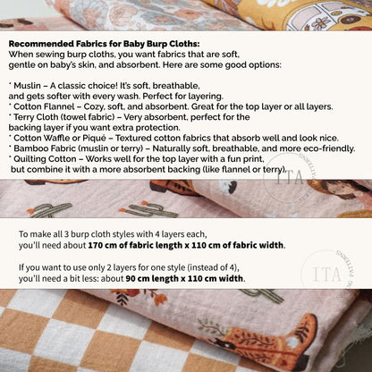 Text on recommended fabrics for baby burp cloths with fabric samples in the background.