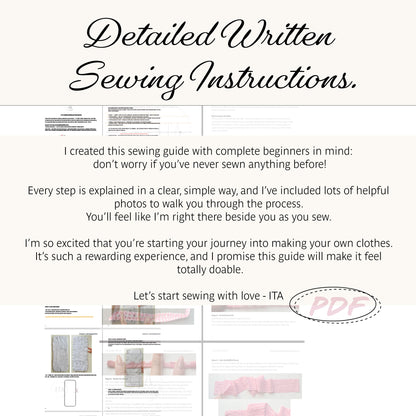 Promotional graphic for a digital sewing instruction PDF, featuring the title 'Detailed Written Sewing Instructions.' in black script on a cream background, with preview pages of the instruction booklet and a handwritten 'PDF' stamp.