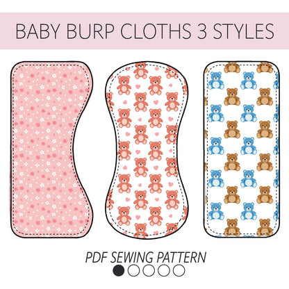 Three baby burp cloth pattern designs labeled 'BABY BURP CLOTHS 3 STYLES' and 'PDF SEWING PATTERN.' The left cloth is pink with small white flowers, the middle is white with pink teddy bears and hearts, and the right is white with blue and brown teddy bears.