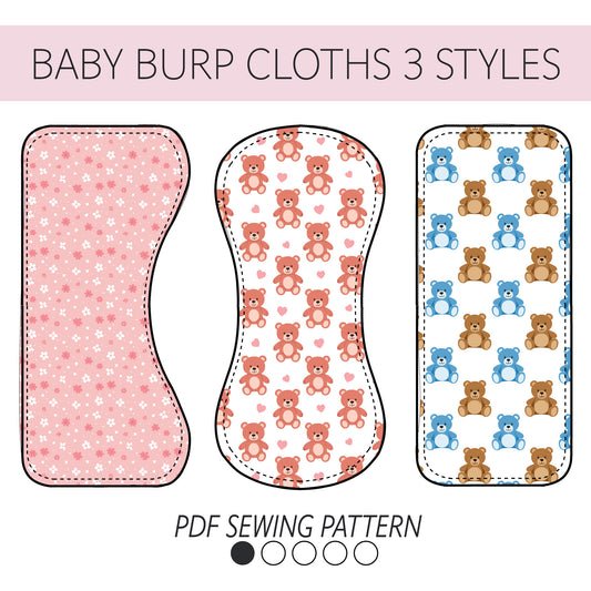 Three baby burp cloth pattern designs labeled 'BABY BURP CLOTHS 3 STYLES' and 'PDF SEWING PATTERN.' The left cloth is pink with small white flowers, the middle is white with pink teddy bears and hearts, and the right is white with blue and brown teddy bears.