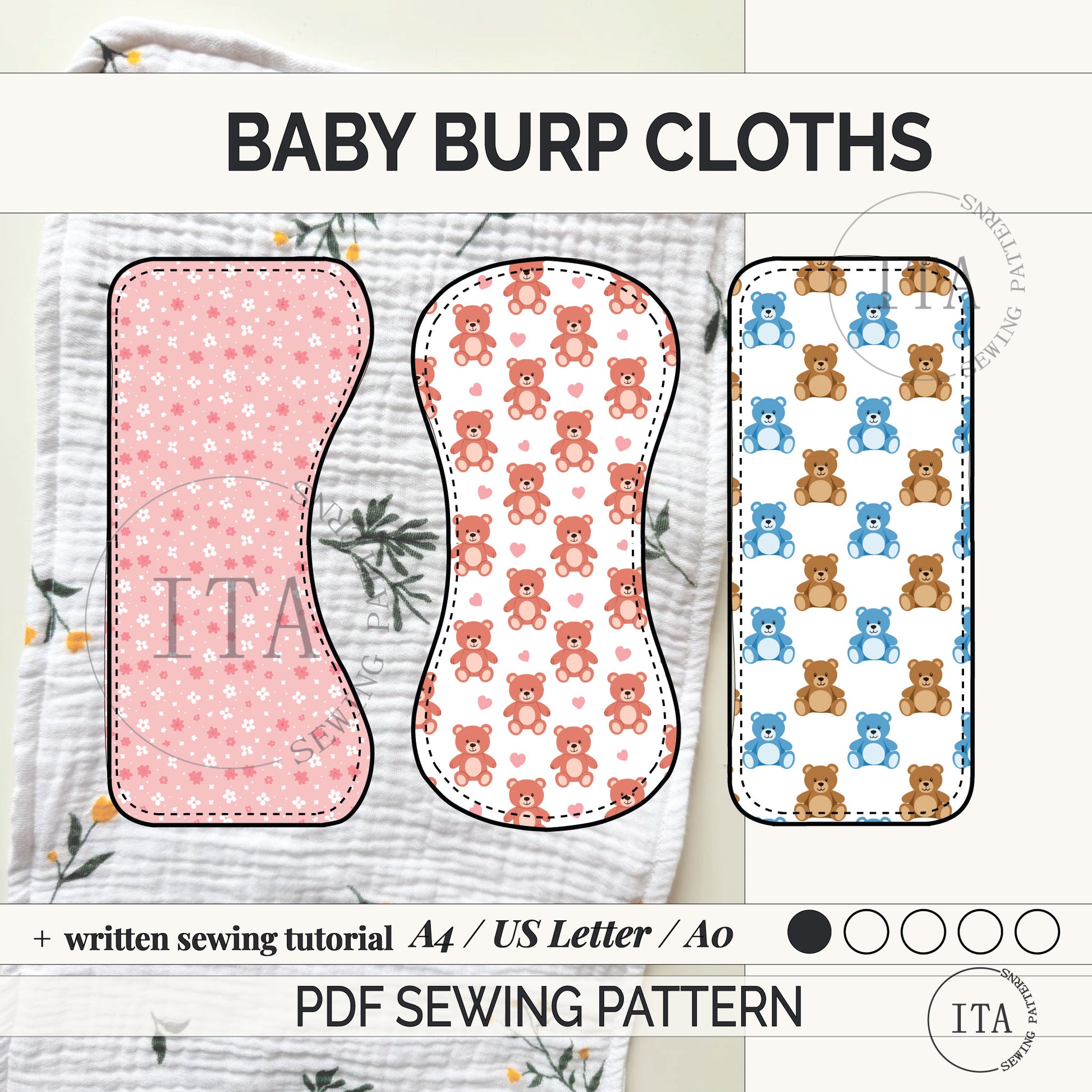 beginner friendly digital sewing pattern bundle for baby burp cloths featuring three unique contoured shapes and styles with a4, us letter, and a0 print formats,
