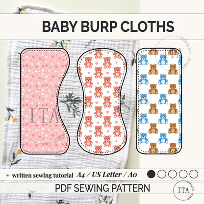 beginner friendly digital sewing pattern bundle for baby burp cloths featuring three unique contoured shapes and styles with a4, us letter, and a0 print formats,