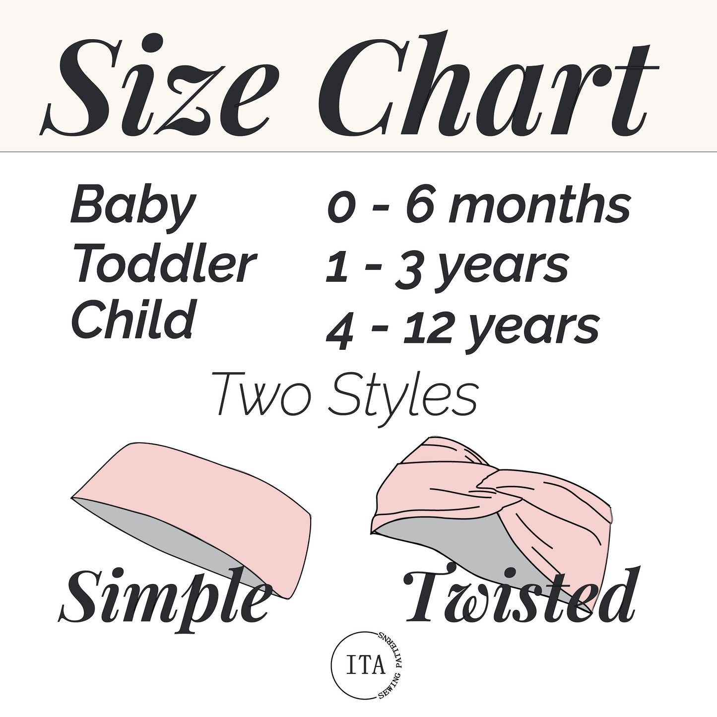 Size chart for headbands with 'Simple' and 'Twisted' styles and corresponding age groups.