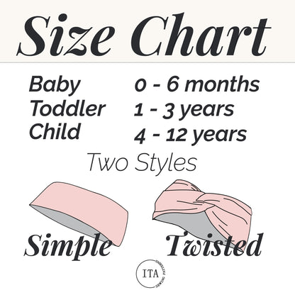 Size chart for headbands with 'Simple' and 'Twisted' styles and corresponding age groups.