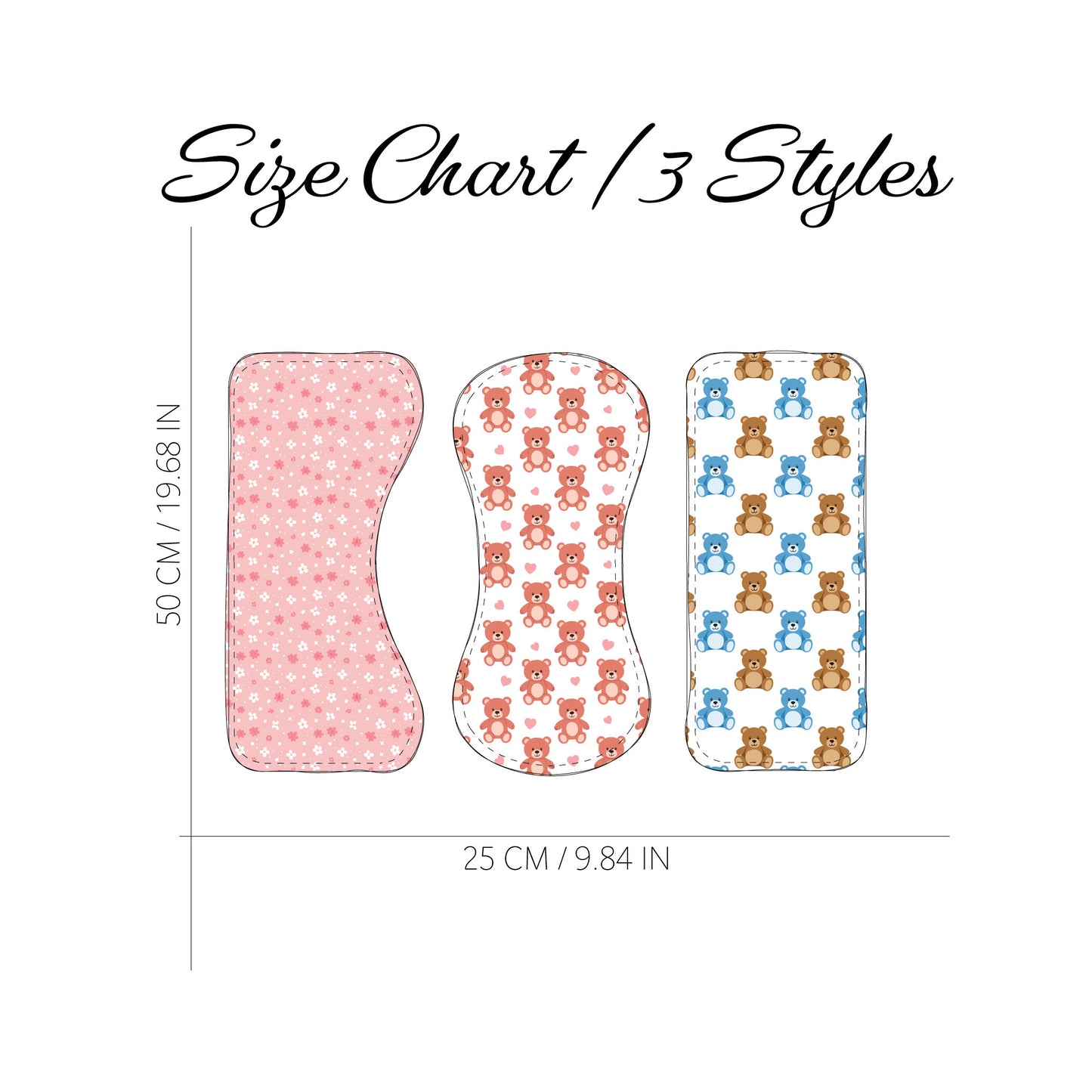 Size chart showing three styles of baby pads with dimensions: 50 cm by 25 cm. The left pad is pink with white stars, the middle is coral with white hearts, and the right is white with blue and brown teddy bears.