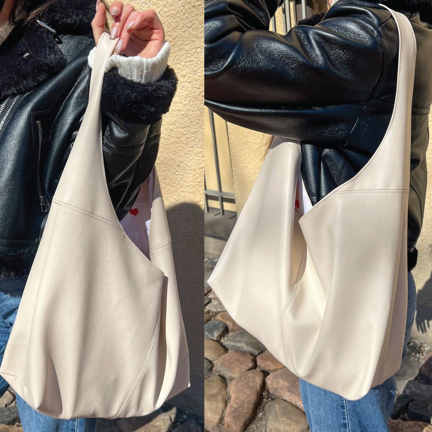 A large slouchy shoulder bag in off-white leather, shown being worn by a person in a split view. The left side shows the bag hanging from the shoulder with a white knit sleeve visible, while the right side shows a side profile of the bag worn over a black leather jacket outdoors.