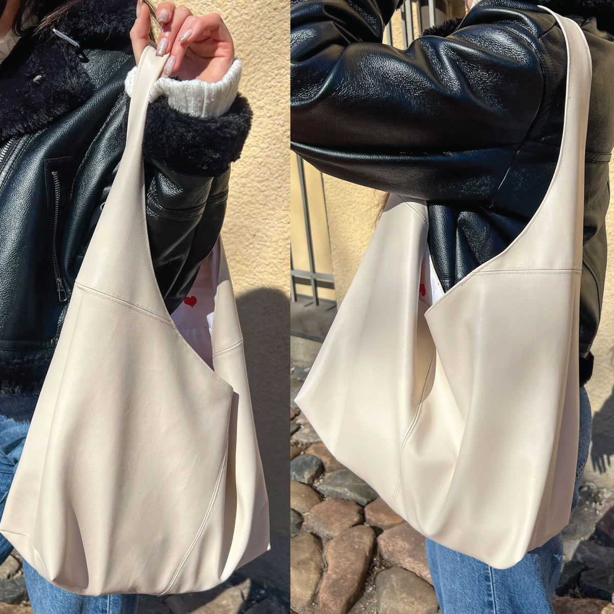 A large slouchy shoulder bag in off-white leather, shown being worn by a person in a split view. The left side shows the bag hanging from the shoulder with a white knit sleeve visible, while the right side shows a side profile of the bag worn over a black leather jacket outdoors.