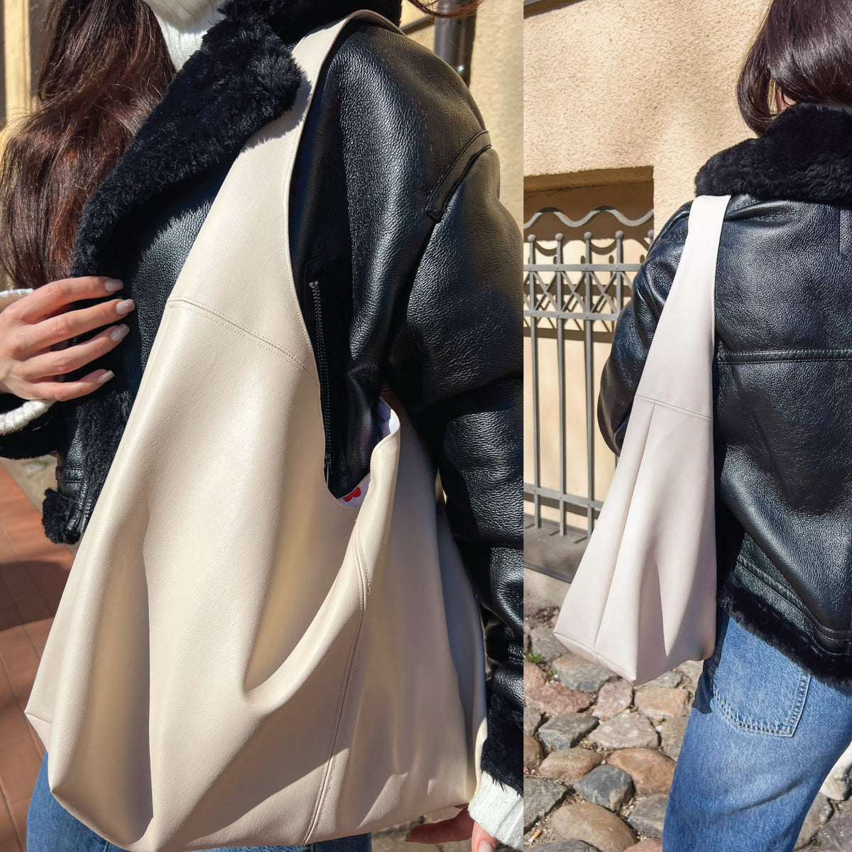 A woman wearing a black faux-leather jacket with a black fur collar and carrying a large cream-colored shoulder bag. The image is a split-screen view showing a close-up on the left and a full-body view on the right in an outdoor setting.