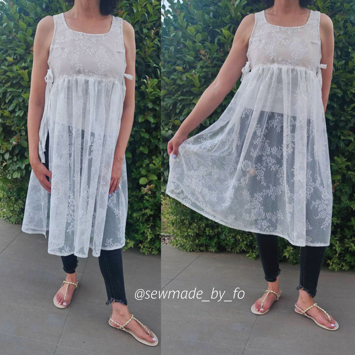 A woman modeling a sleeveless white lace tunic dress with a gathered waist and sheer overlay, shown in a side-by-side front and back view against a green hedge background.