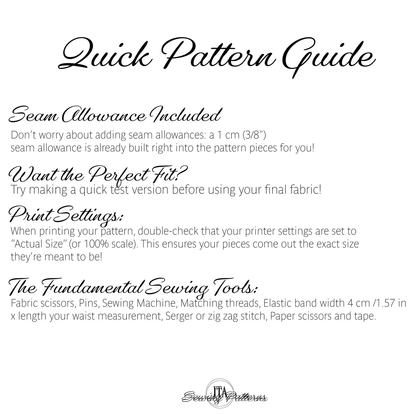 A digital graphic titled 'Quick Pattern Guide' with black text on a white background, explaining sewing allowances, print settings, and listing the sewing tools needed for pattern printing. The brand 'Simply Patterns' is visible at the bottom.
