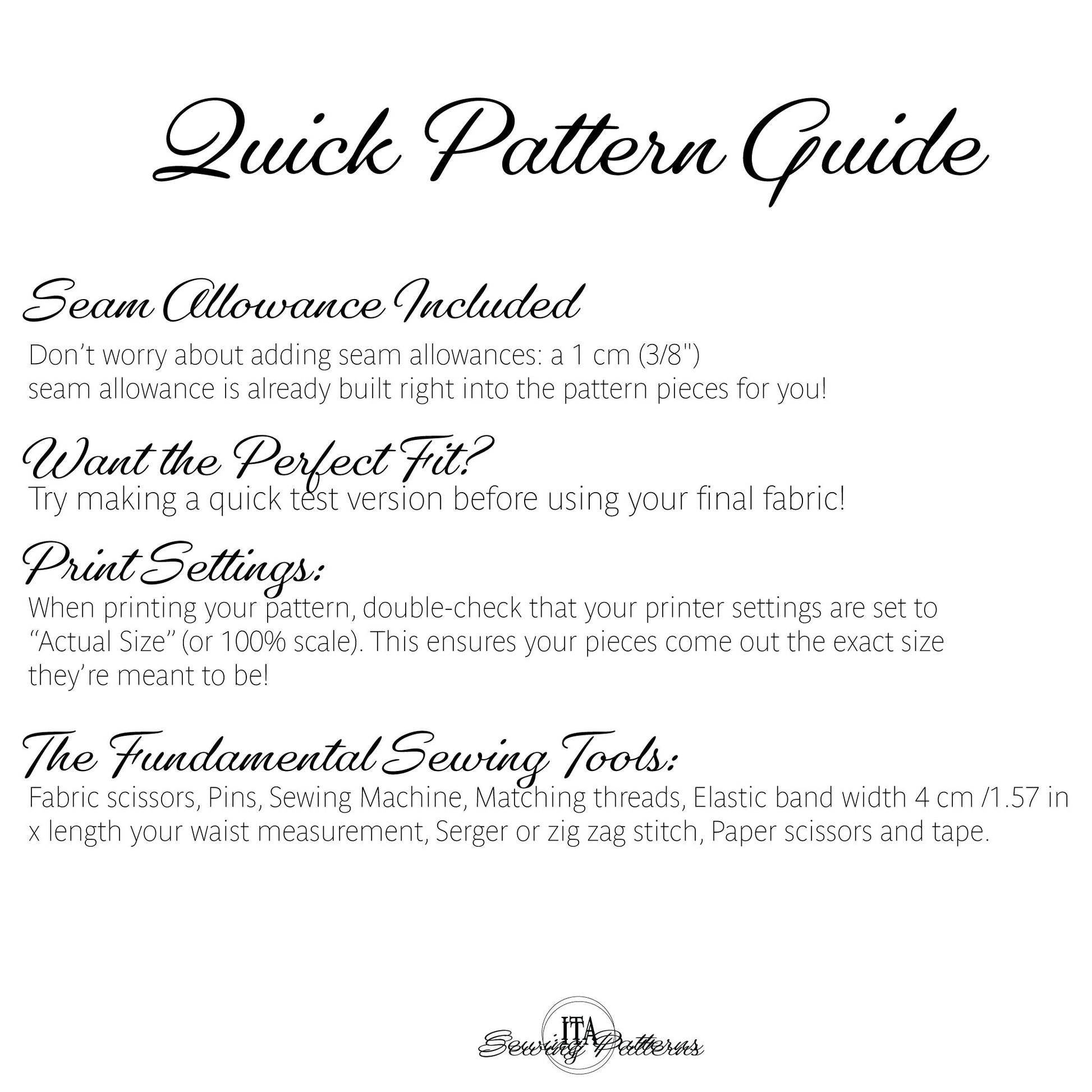 A digital graphic titled 'Quick Pattern Guide' with black text on a white background, explaining sewing allowances, print settings, and listing the sewing tools needed for pattern printing. The brand 'Simply Patterns' is visible at the bottom.