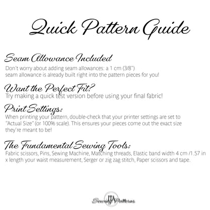 A digital graphic titled 'Quick Pattern Guide' with black text on a white background, explaining sewing allowances, print settings, and listing the sewing tools needed for pattern printing. The brand 'Simply Patterns' is visible at the bottom.