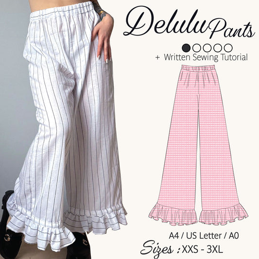 Promotional graphic for Delulu Pants sewing pattern, showing a model wearing white wide-leg ruffled pants with thin dark pinstripes on the left, and a pink line drawing of the same pants design on the right with text indicating sizes and sewing tutorial.