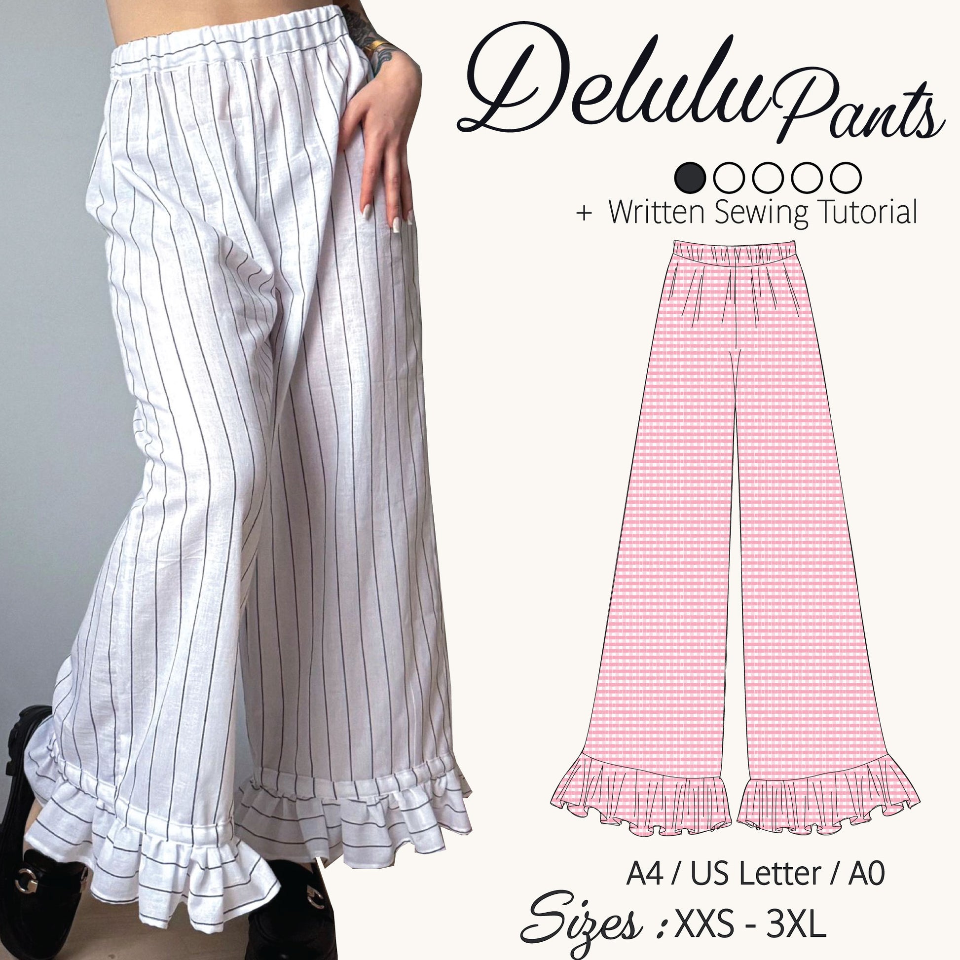 Promotional graphic for Delulu Pants sewing pattern, showing a model wearing white wide-leg ruffled pants with thin dark pinstripes on the left, and a pink line drawing of the same pants design on the right with text indicating sizes and sewing tutorial.