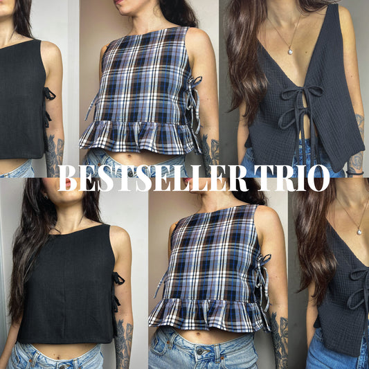 The Bestseller Trio sewing pattern collection: Lila Ruffle, Lani Front Tie, and Pixie tops styled together for a modern handmade wardrobe.