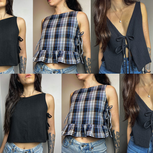 Bestseller Trio digital sewing pattern bundle for beginners featuring Lila, Lani, and Pixie tops.