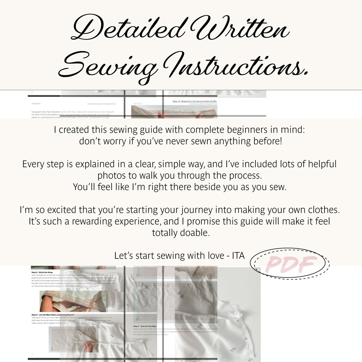 Promotional graphic for a digital sewing instruction PDF, featuring the title 'Detailed Written Sewing Instructions.' in black script at the top, a body of descriptive text in the center, and several small inset photos of fabric and sewing at the bottom.