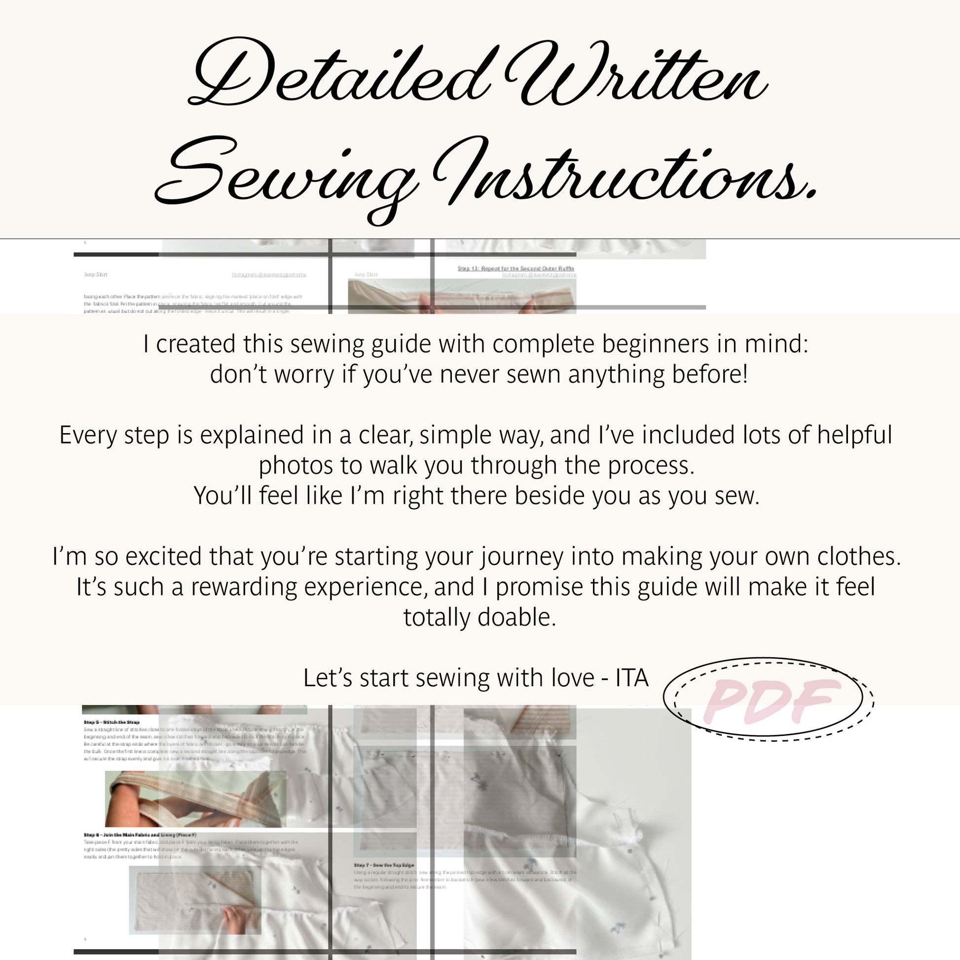 Promotional graphic for a digital sewing instruction PDF, featuring the title 'Detailed Written Sewing Instructions.' in black script at the top, a body of descriptive text in the center, and several small inset photos of fabric and sewing at the bottom.