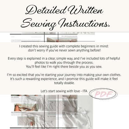 Promotional graphic for a digital sewing instruction PDF, featuring the title 'Detailed Written Sewing Instructions.' in black script at the top, a body of descriptive text in the center, and several small inset photos of fabric and sewing at the bottom.