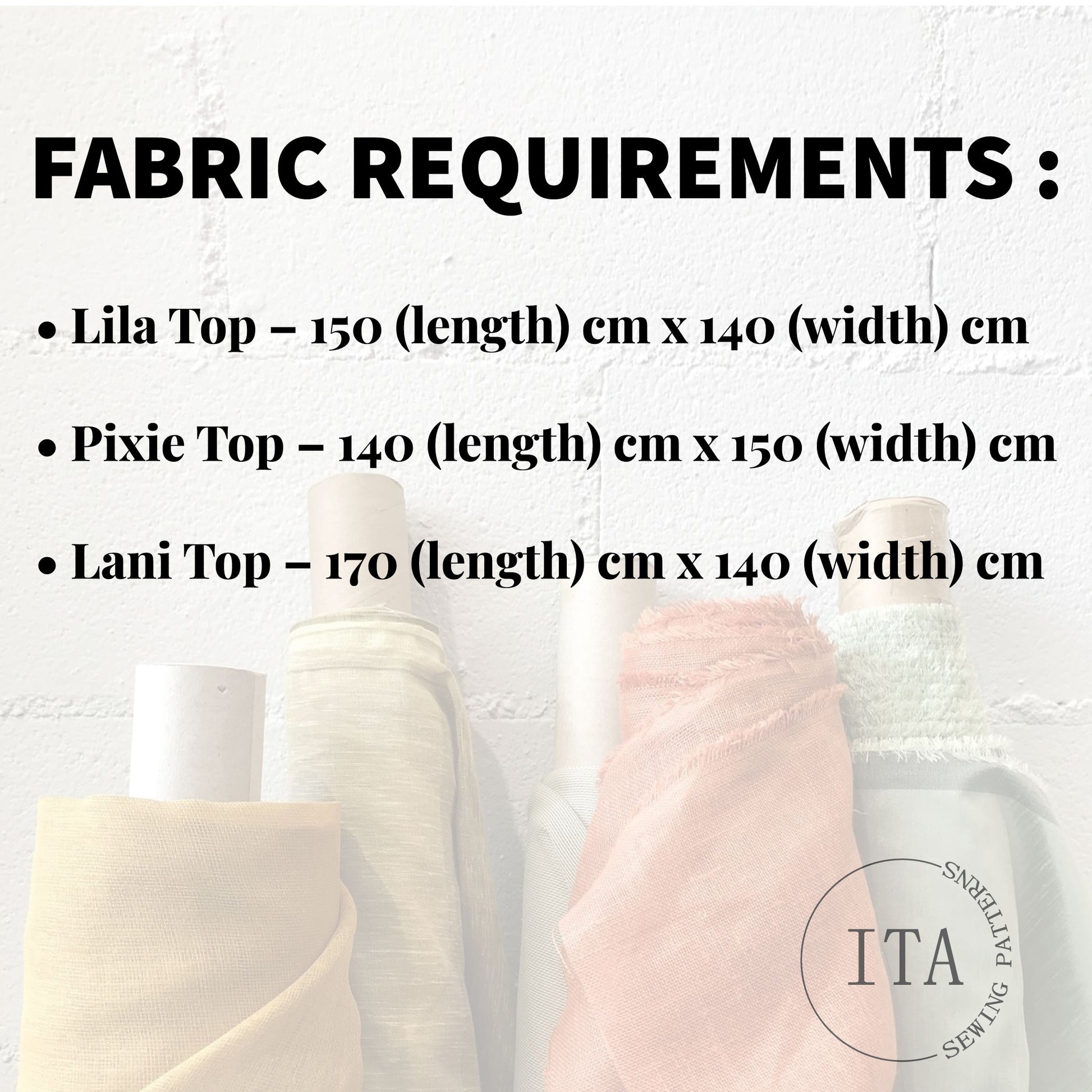 Fabric requirements chart for the Bestseller Trio; recommended beginner-friendly fabrics like linen, cotton poplin, and gingham for the Lila, Lani, and Pixie tops.