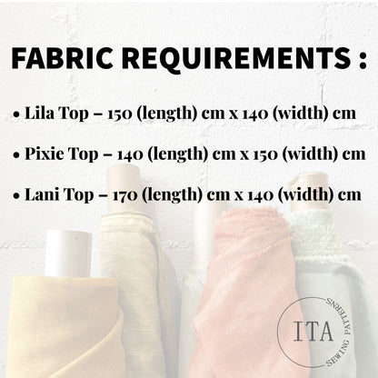 Fabric requirements chart for the Bestseller Trio; recommended beginner-friendly fabrics like linen, cotton poplin, and gingham for the Lila, Lani, and Pixie tops.