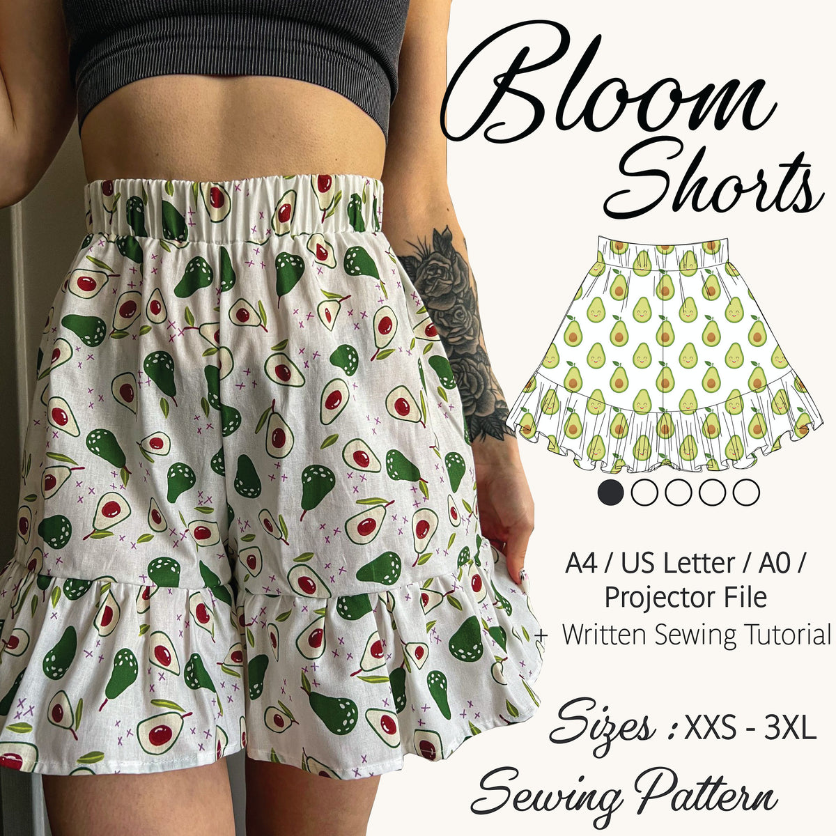 Bloom Shorts PDF sewing pattern with avocado print ruffle shorts, A4, US Letter, A0 and projector files, sizes XXS–3XL
