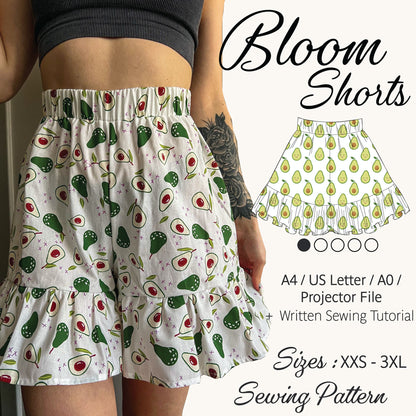 Bloom Shorts PDF sewing pattern with avocado print ruffle shorts, A4, US Letter, A0 and projector files, sizes XXS–3XL