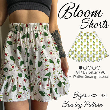 Promotional graphic for a sewing pattern titled 'Bloom Shorts' showing a model wearing a white tiered shorts skirt with an avocado print, alongside a smaller line drawing of the skirt and text listing sizes and sewing pattern details.