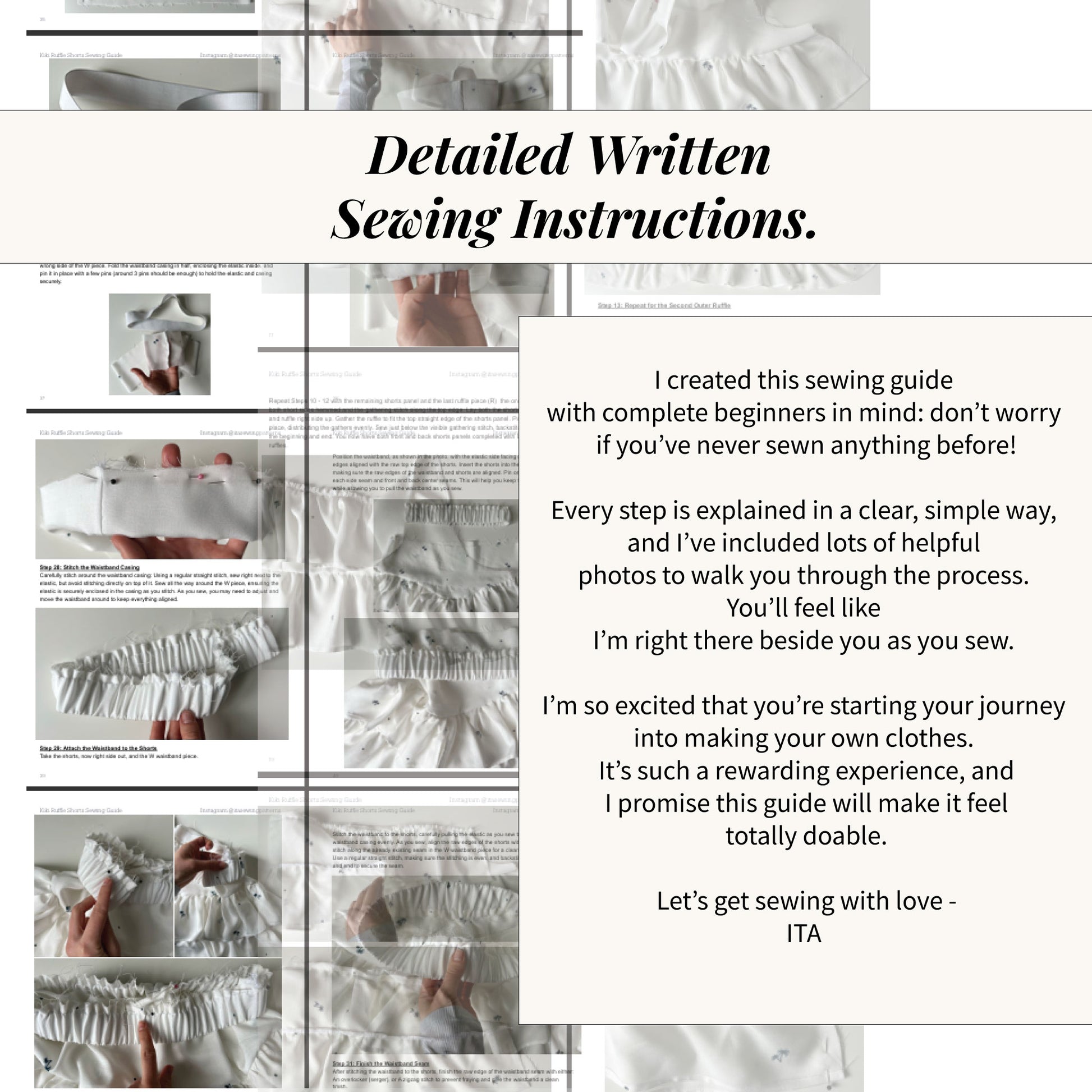 detailed written sewing instructions for the bloom shorts pattern with step by step photos showing elastic waistband and ruffle construction.